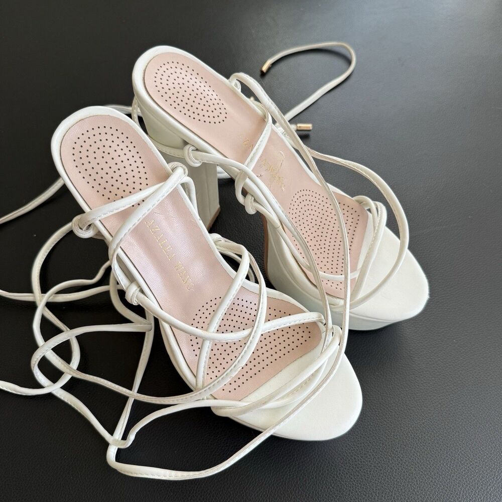 Azalea Wang White Strappy Lace Up Ultra High Block Heels Size Women’s 10 Party